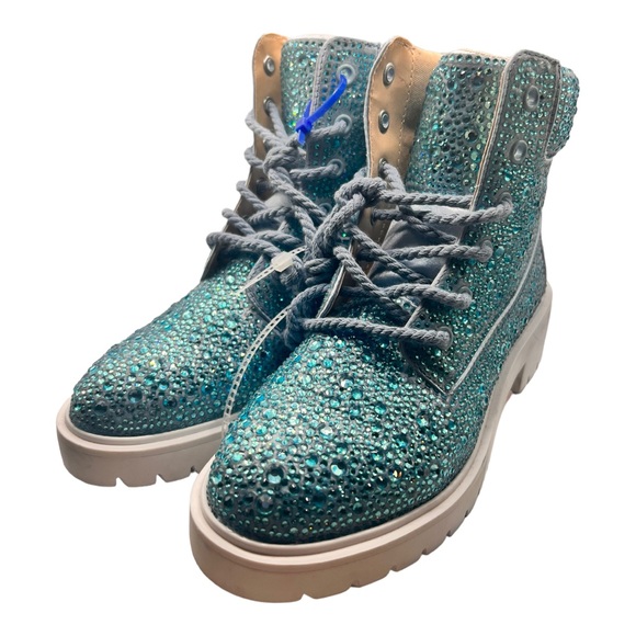 Betsey Johnson Hudson Turquoise Blue Rhinestone Combat Boots Size 6.5 NWOB BLING - Picture 5 of 14